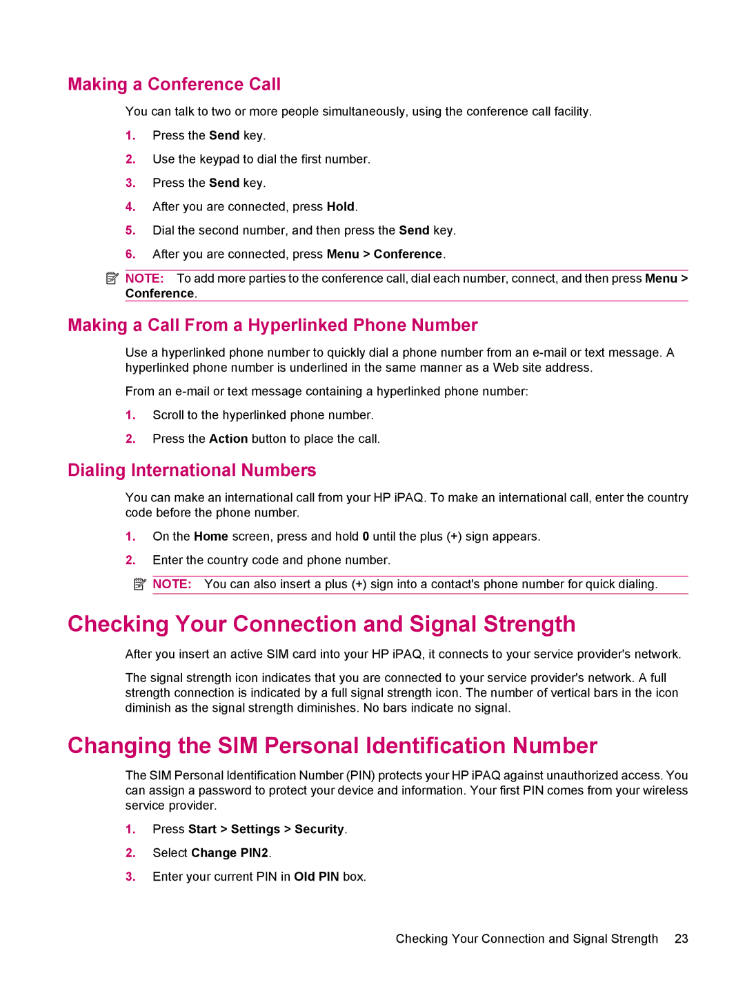 HP 510 manual Checking Your Connection and Signal Strength, Changing the SIM Personal Identification Number 