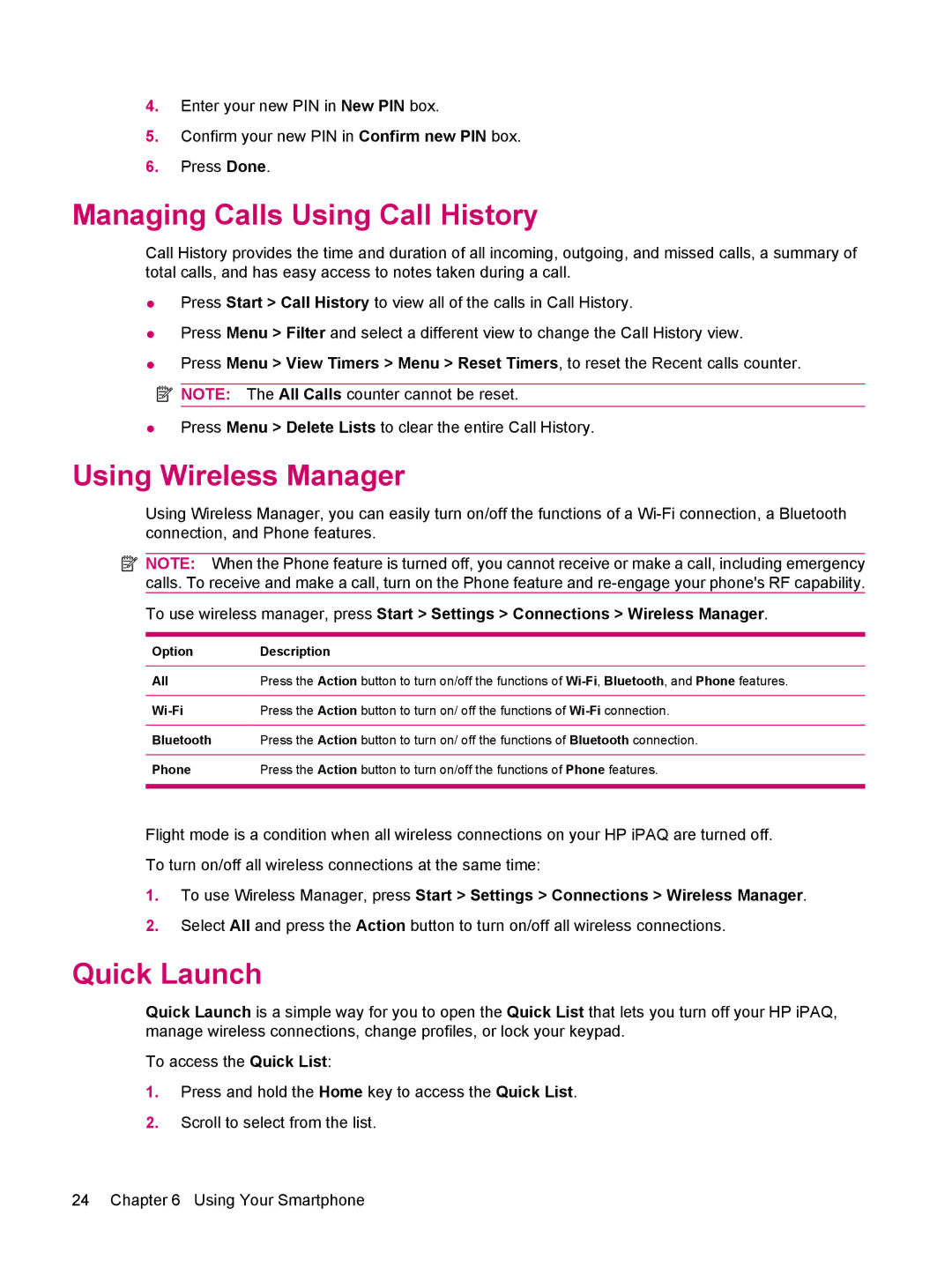 HP 510 manual Managing Calls Using Call History, Using Wireless Manager, Quick Launch 