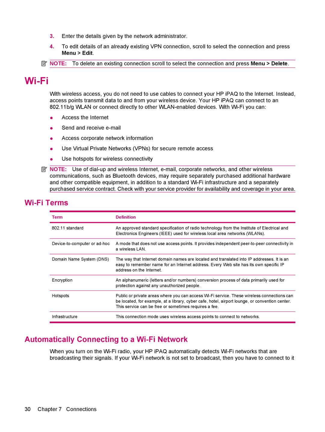 HP 510 manual Wi-Fi Terms, Automatically Connecting to a Wi-Fi Network 