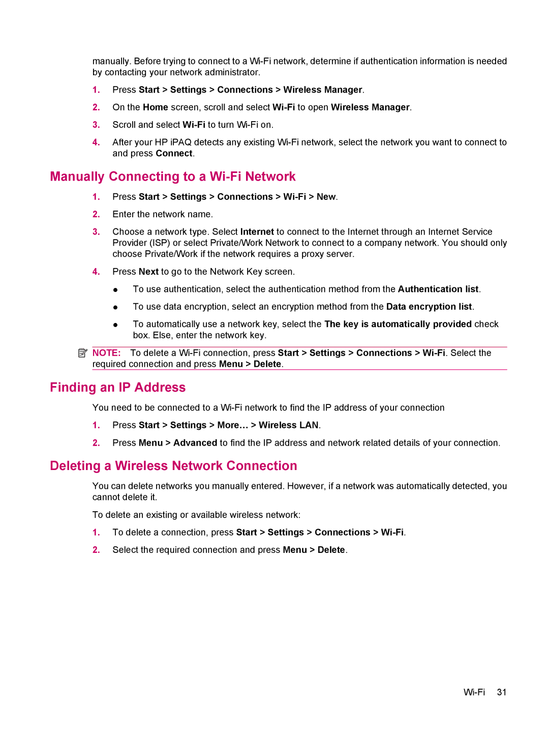 HP 510 manual Manually Connecting to a Wi-Fi Network, Finding an IP Address, Deleting a Wireless Network Connection 