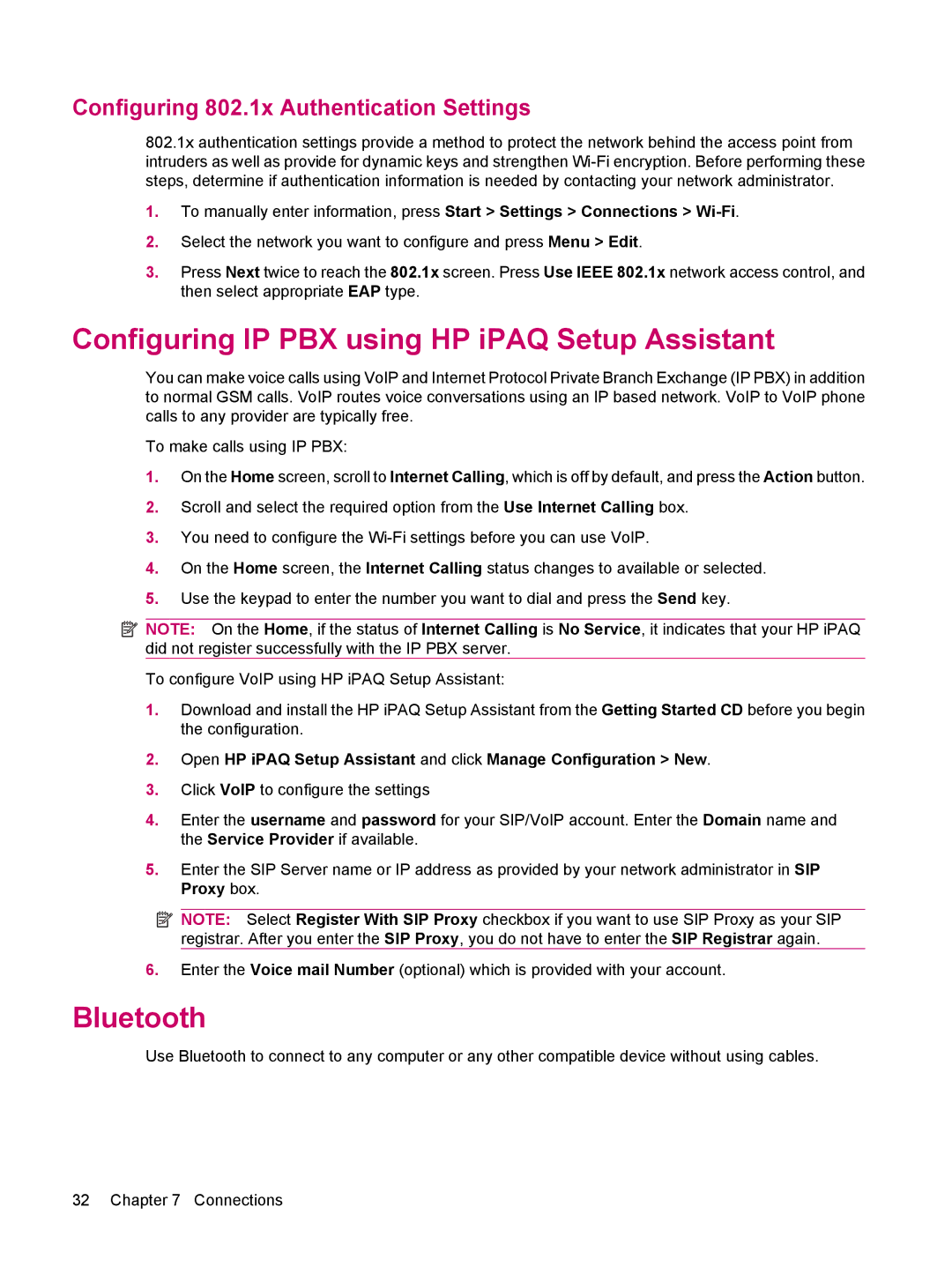 HP 510 manual Configuring IP PBX using HP iPAQ Setup Assistant, Bluetooth, Configuring 802.1x Authentication Settings 