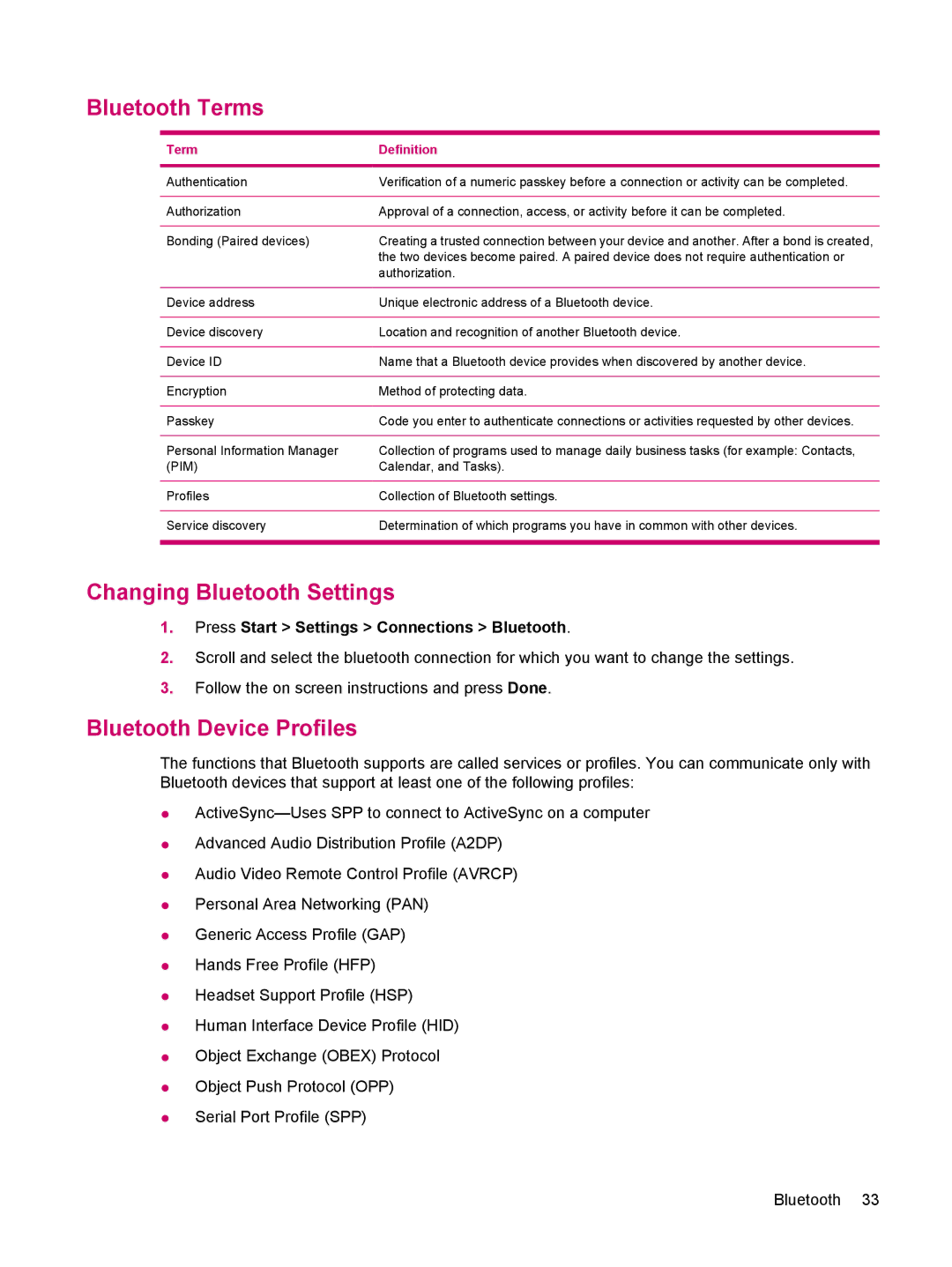 HP 510 Bluetooth Terms, Changing Bluetooth Settings, Bluetooth Device Profiles, Press Start Settings Connections Bluetooth 