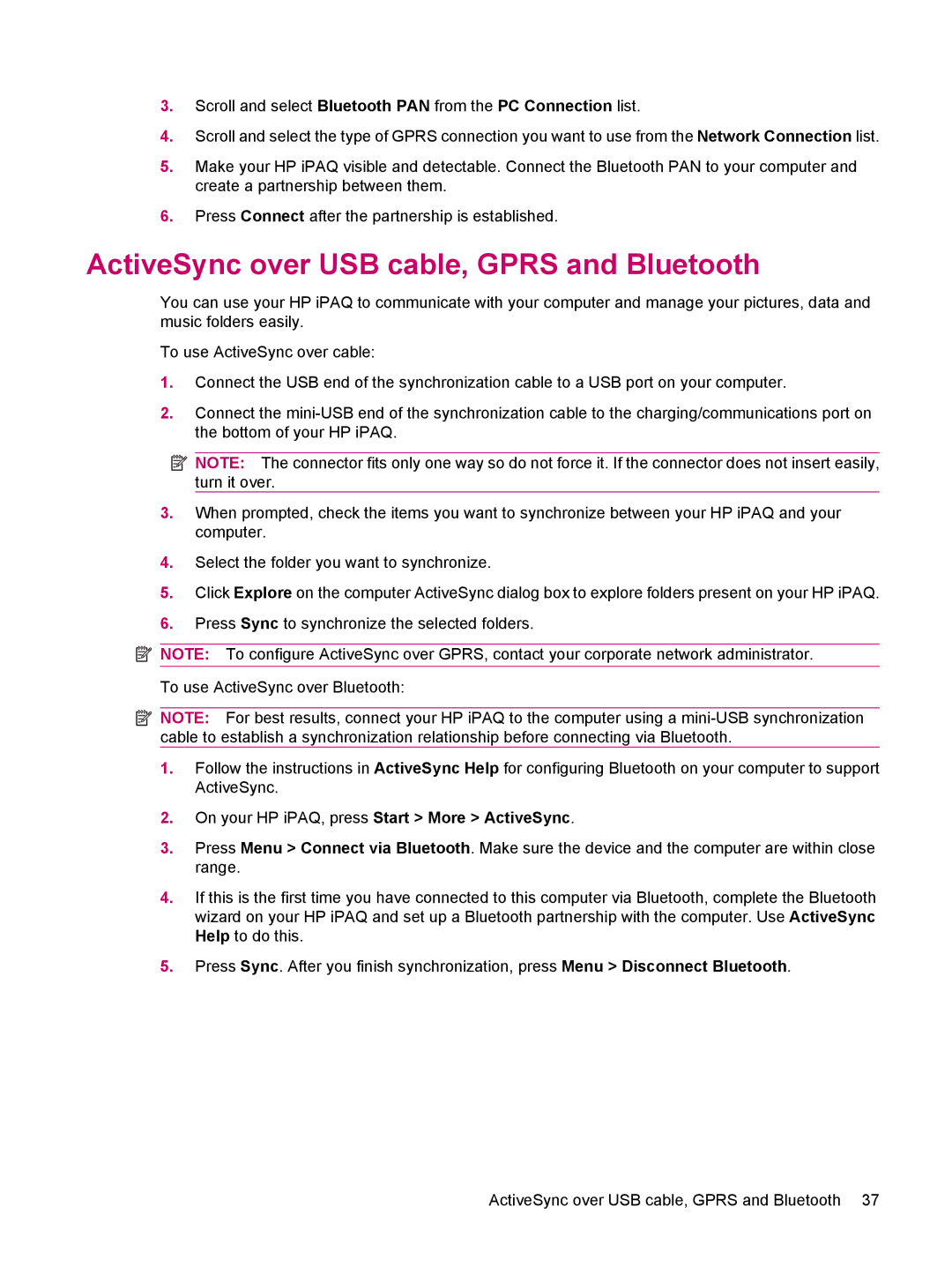 HP 510 manual ActiveSync over USB cable, Gprs and Bluetooth, On your HP iPAQ, press Start More ActiveSync 