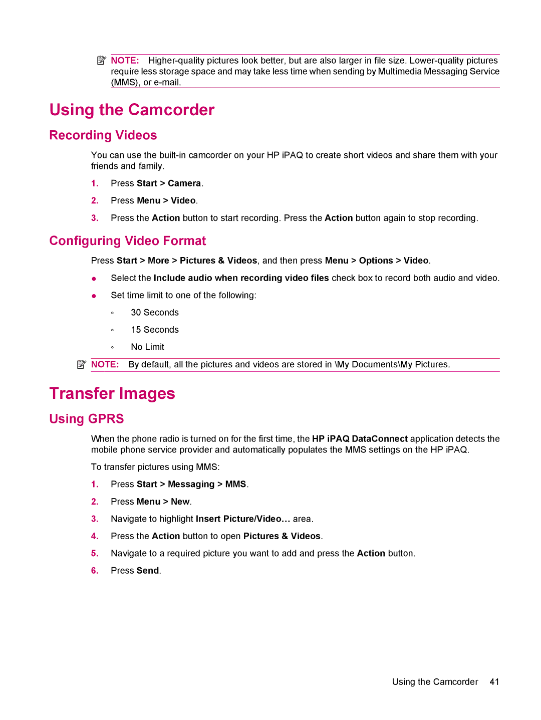 HP 510 manual Using the Camcorder, Transfer Images, Recording Videos, Configuring Video Format, Using Gprs 