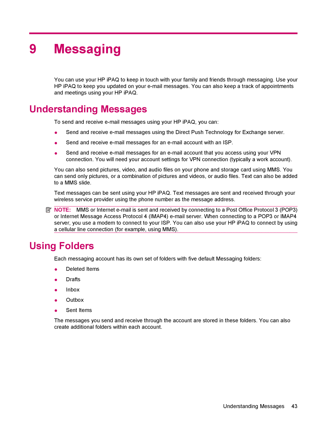 HP 510 manual Messaging, Understanding Messages, Using Folders 