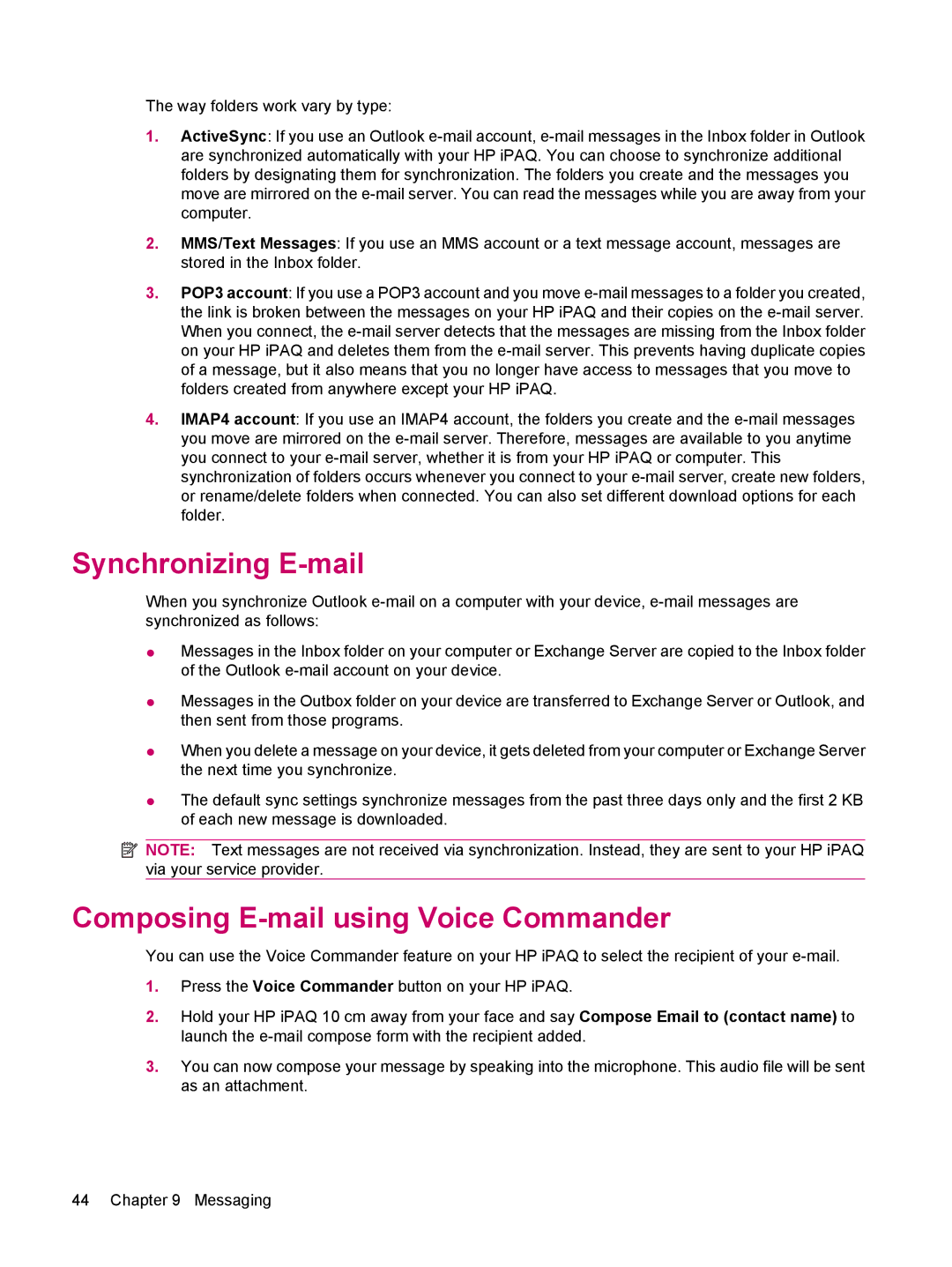 HP 510 manual Synchronizing E-mail, Composing E-mail using Voice Commander 