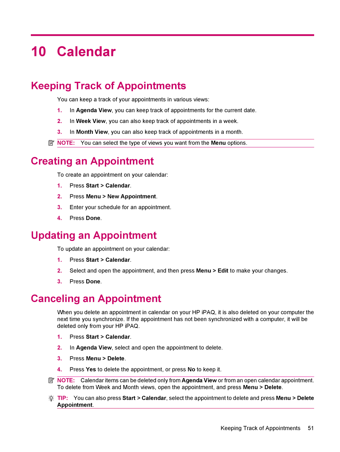 HP 510 Calendar, Keeping Track of Appointments, Creating an Appointment, Updating an Appointment, Canceling an Appointment 