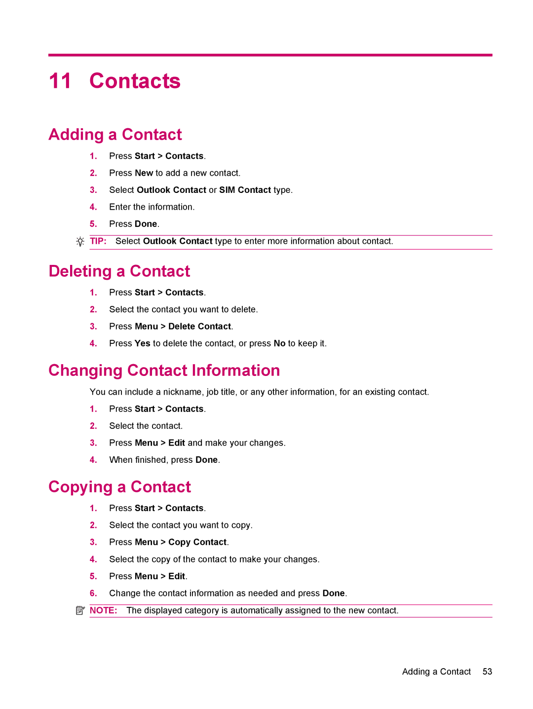 HP 510 manual Contacts, Adding a Contact, Deleting a Contact, Changing Contact Information, Copying a Contact 