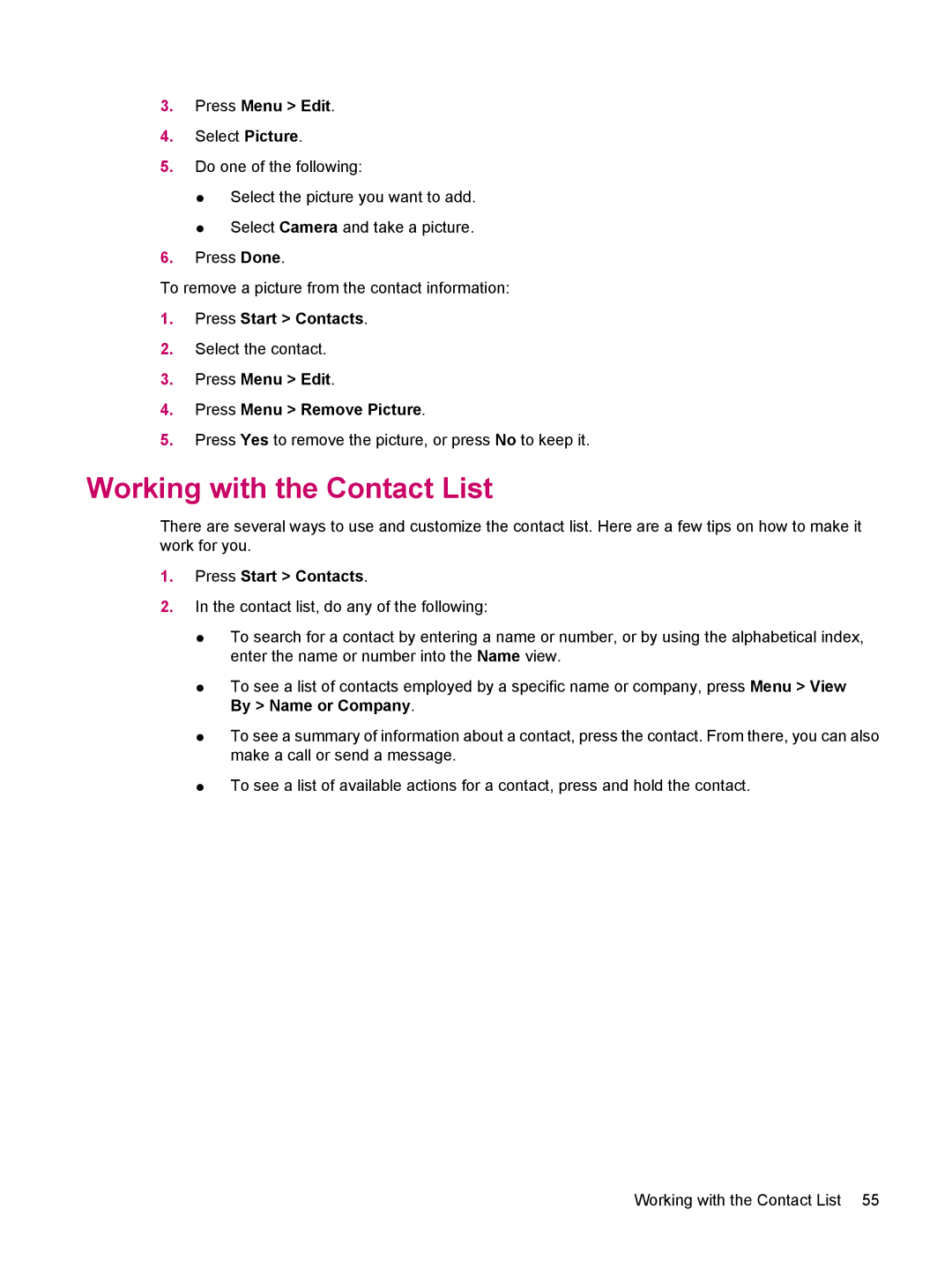 HP 510 manual Working with the Contact List, Press Menu Edit Press Menu Remove Picture 