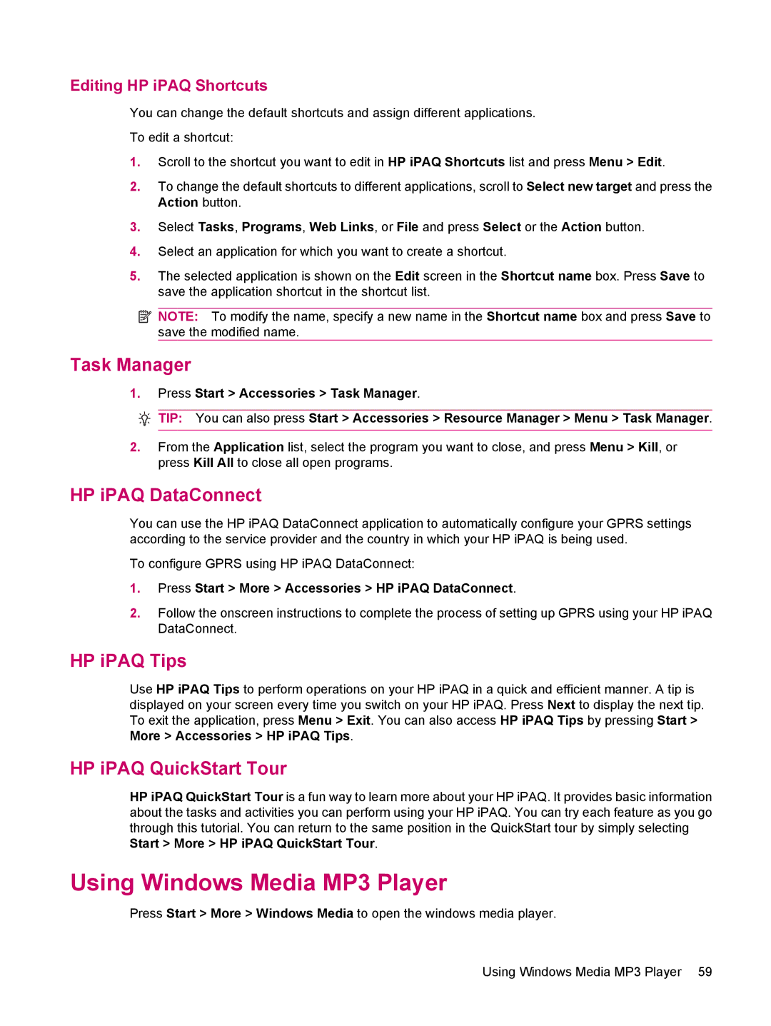 HP 510 manual Using Windows Media MP3 Player, Task Manager, HP iPAQ DataConnect, HP iPAQ Tips, HP iPAQ QuickStart Tour 