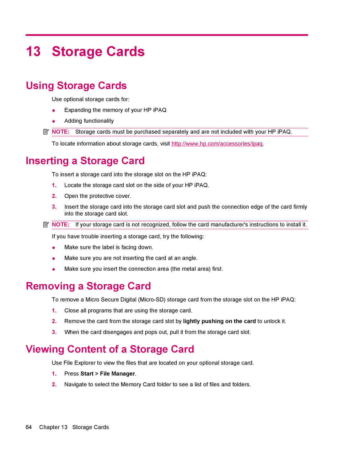 HP 510 manual Using Storage Cards, Inserting a Storage Card, Removing a Storage Card, Viewing Content of a Storage Card 