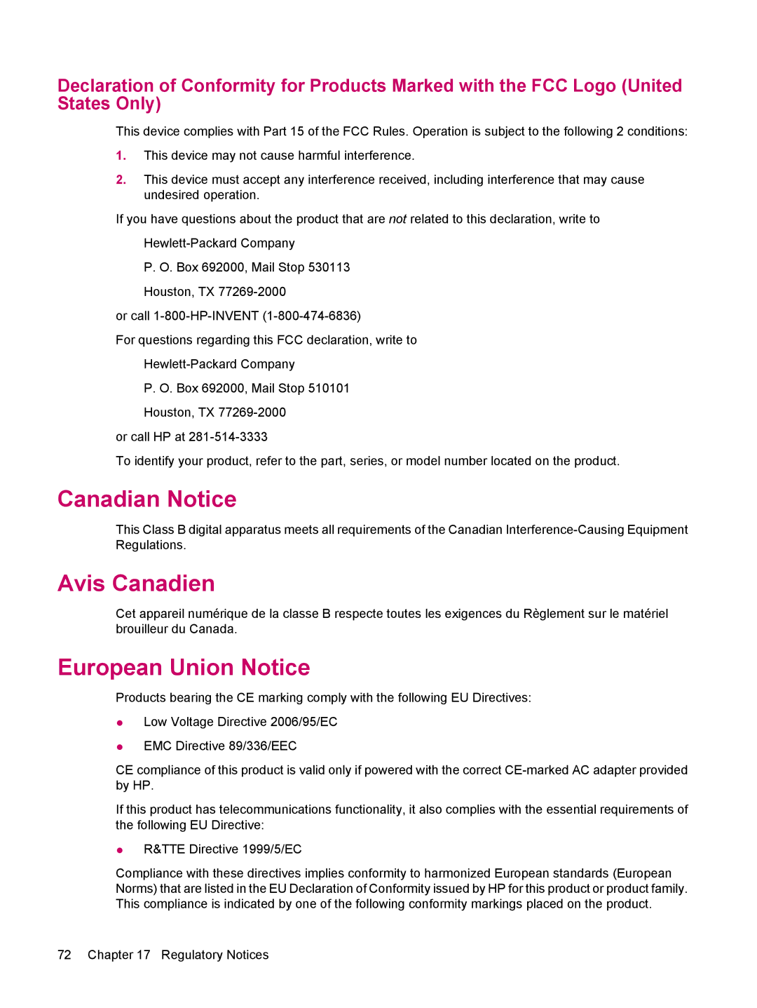 HP 510 manual Canadian Notice, Avis Canadien, European Union Notice 