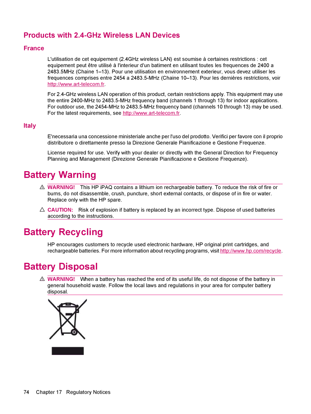 HP 510 manual Battery Warning Battery Recycling Battery Disposal, Products with 2.4-GHz Wireless LAN Devices 