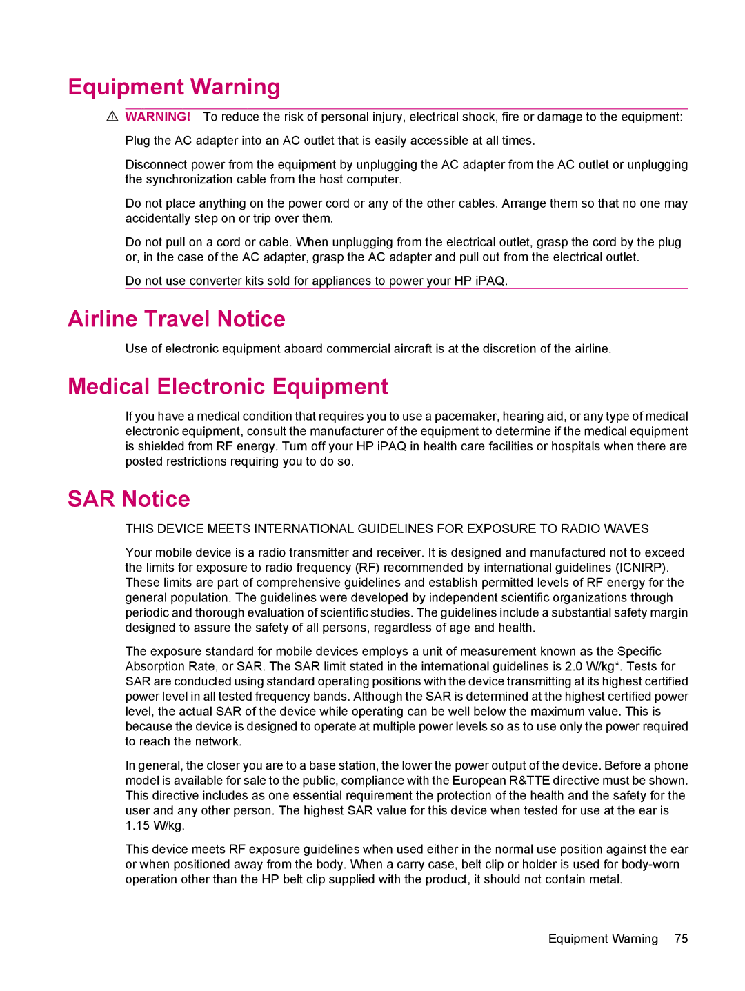 HP 510 manual Equipment Warning, Airline Travel Notice, Medical Electronic Equipment, SAR Notice 