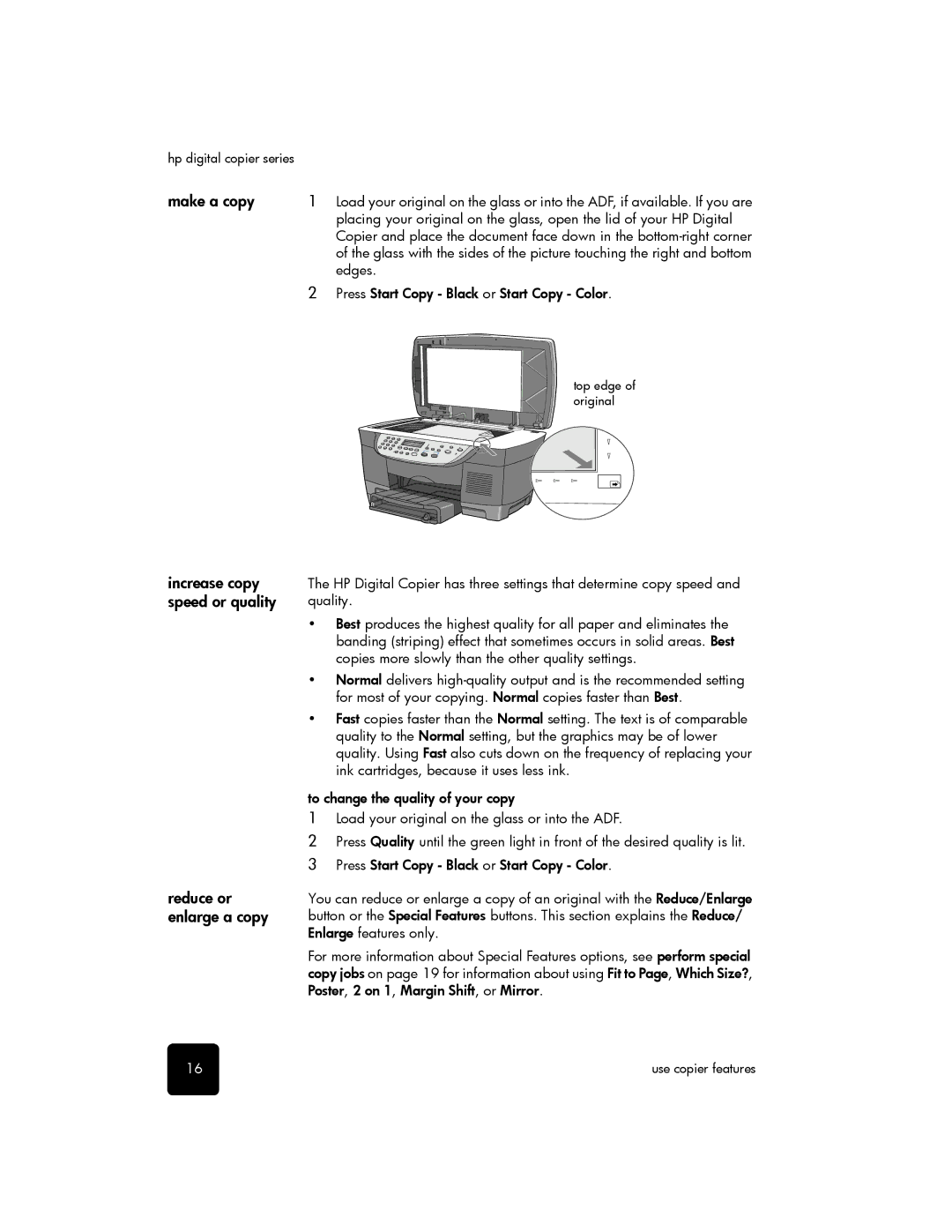 HP 510 manual Make a copy, Increase copy speed or quality Reduce or enlarge a copy, Edges 