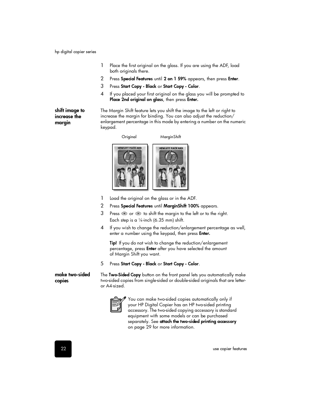 HP 510 manual Shift image to increase the margin, Make two-sided copies 