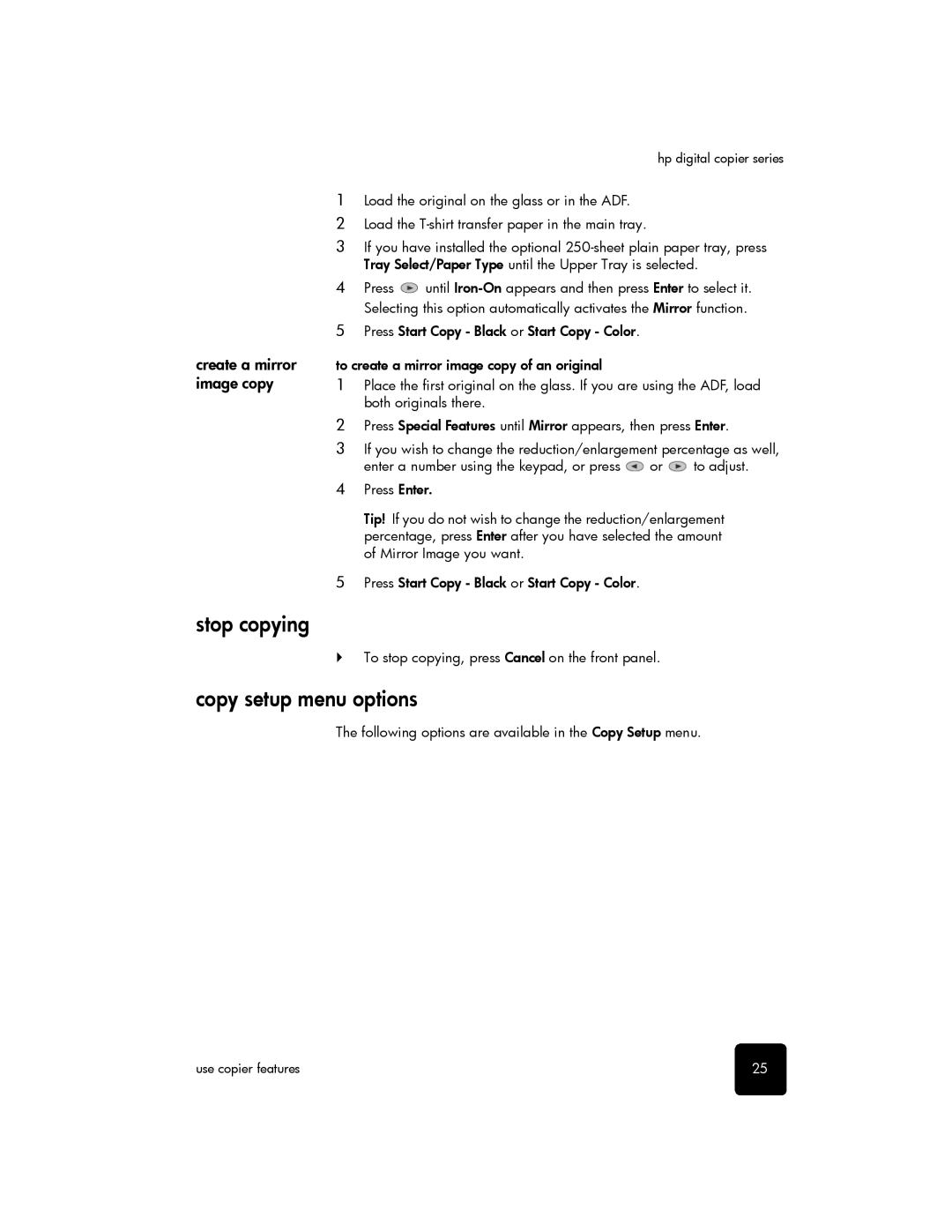 HP 510 manual Stop copying, Copy setup menu options, Create a mirror, Image copy 