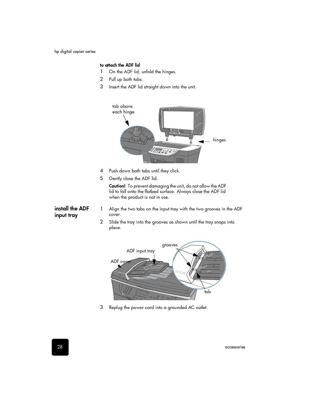 HP 510 manual Install the ADF, Input tray, Cover, Place 