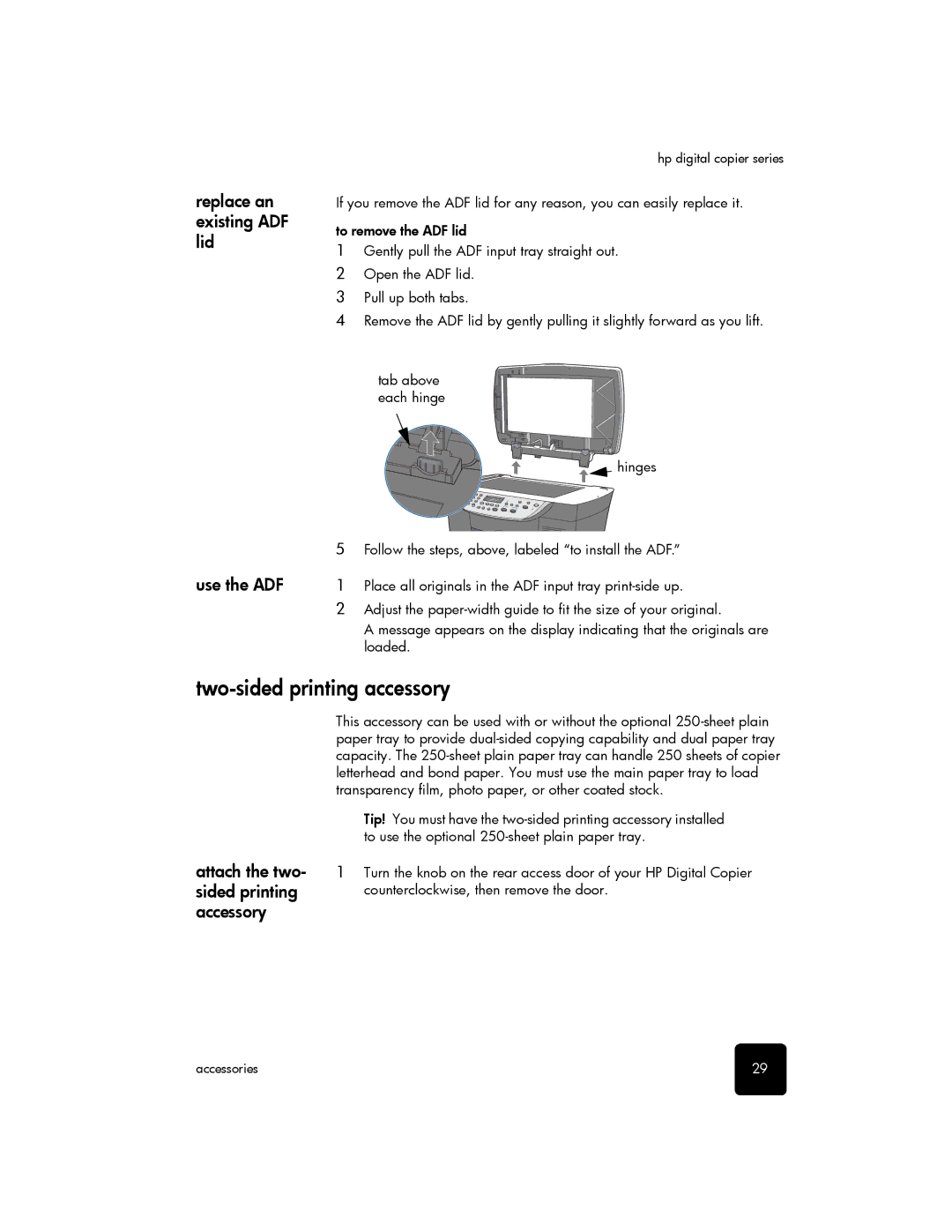 HP 510 Two-sided printing accessory, Replace an existing ADF lid Use the ADF, Attach the two, Sided printing, Accessory 