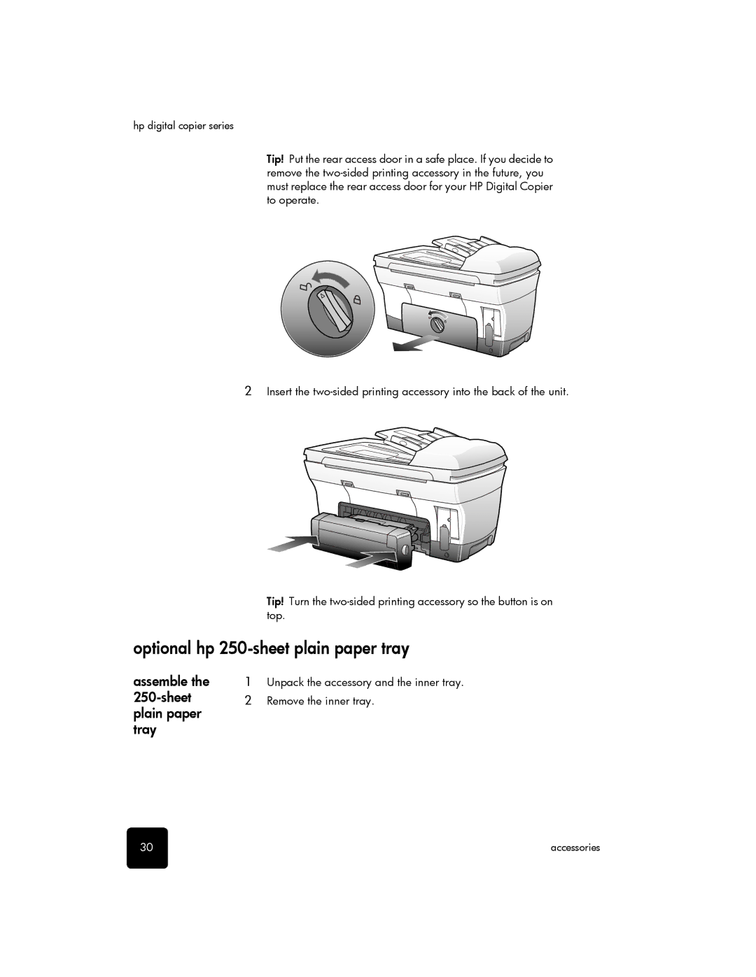 HP 510 manual Optional hp 250-sheet plain paper tray, Assemble, Sheet, Plain paper Tray, Remove the inner tray 