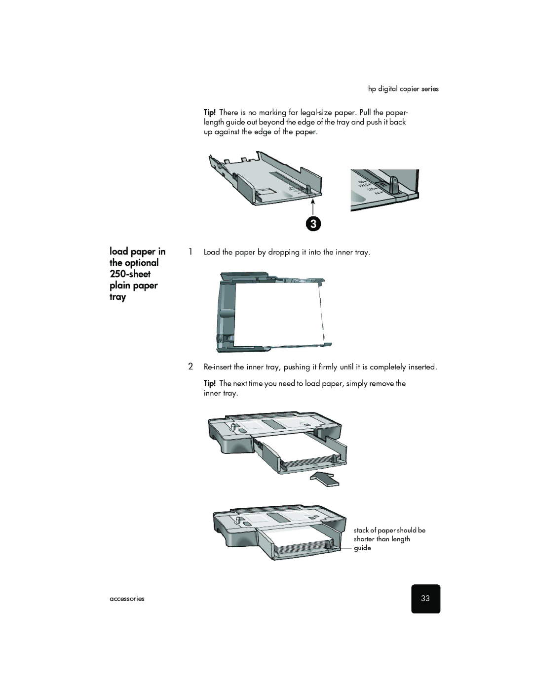 HP 510 manual Load paper, Optional Sheet Plain paper Tray, Load the paper by dropping it into the inner tray 