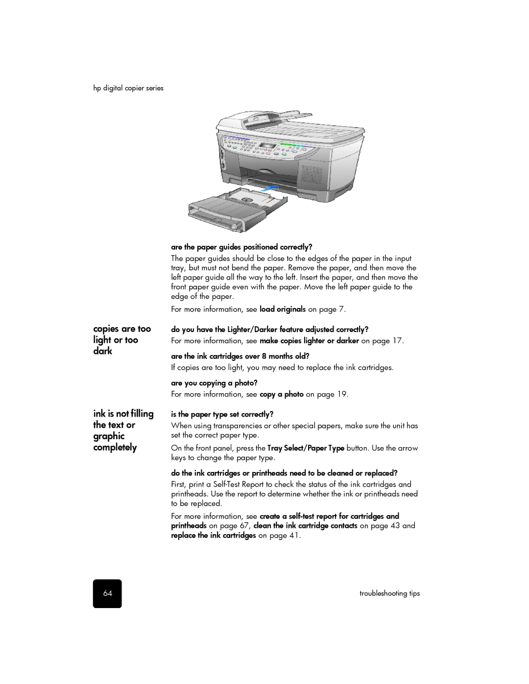 HP 510 manual Copies are too, Light or too, Dark, Ink is not filling, Text or, Graphic, Completely 