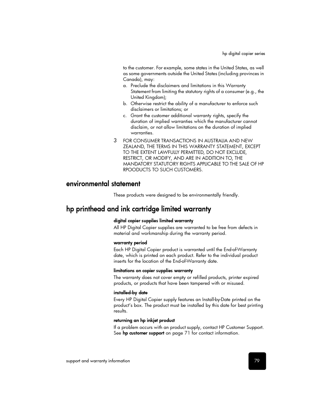 HP 510 Environmental statement, Hp printhead and ink cartridge limited warranty, Limitations on copier supplies warranty 