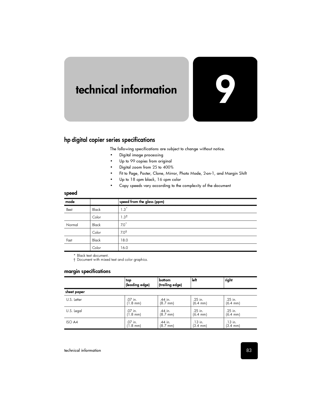 HP 510 manual Hp digital copier series specifications, Speed, Margin specifications 