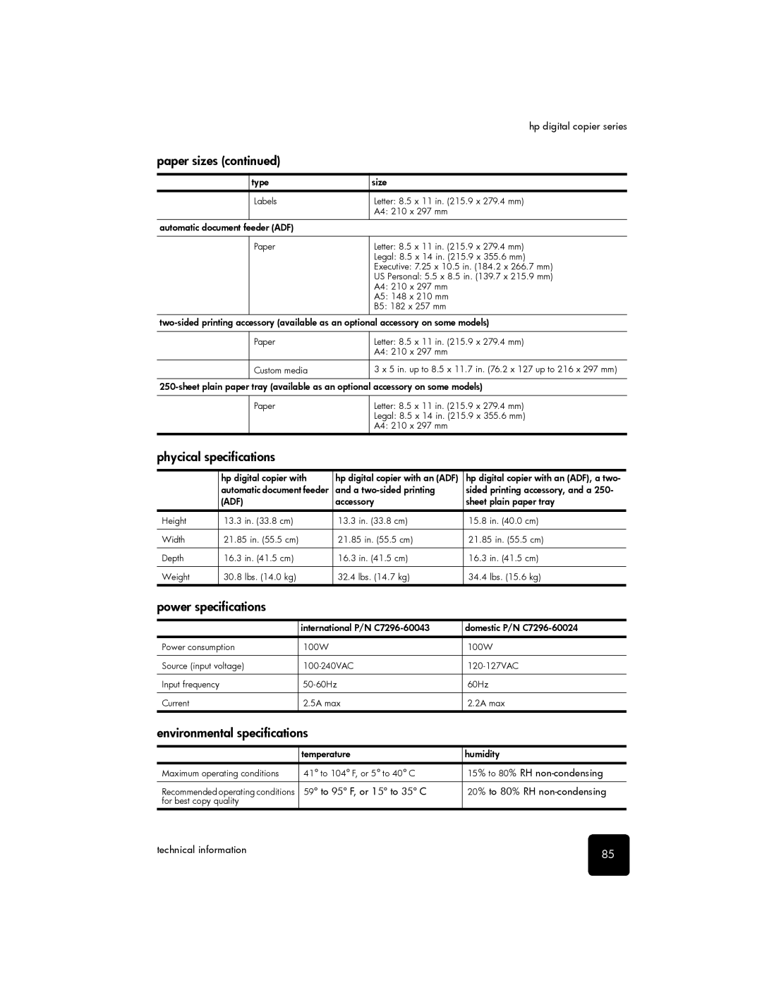 HP 510 manual Phycical specifications, Power specifications, Environmental specifications 