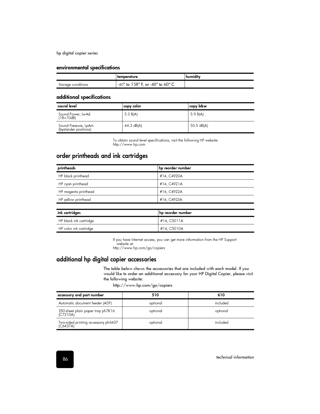 HP 510 manual Order printheads and ink cartridges, Additional hp digital copier accessories, Additional specifications 