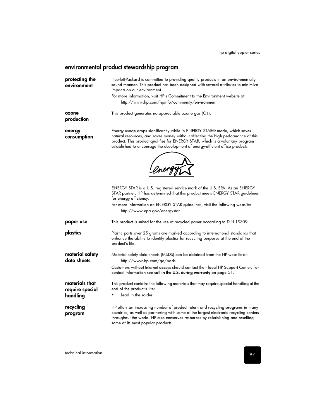 HP 510 manual Environmental product stewardship program 