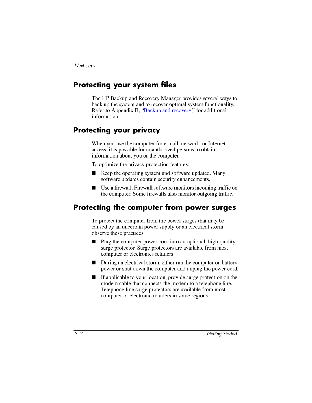 HP 510 manual Protecting your system files, Protecting your privacy, Protecting the computer from power surges 