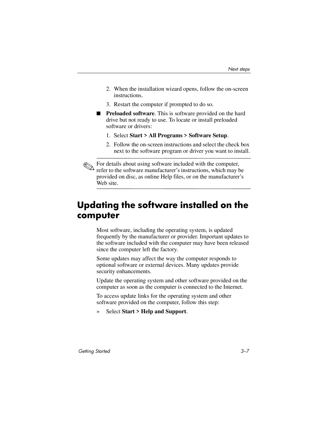 HP 510 manual Updating the software installed on the computer, Select Start All Programs Software Setup 