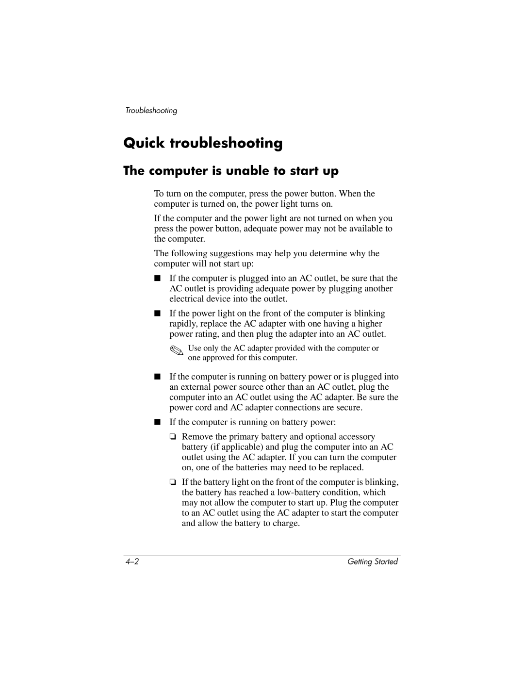 HP 510 manual Quick troubleshooting, Computer is unable to start up 