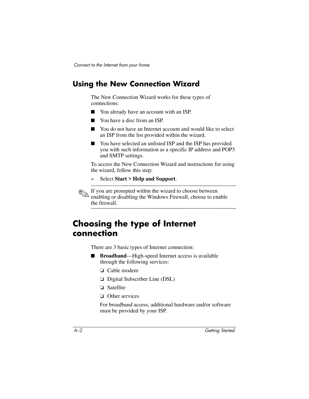 HP 510 manual Choosing the type of Internet connection, Using the New Connection Wizard 