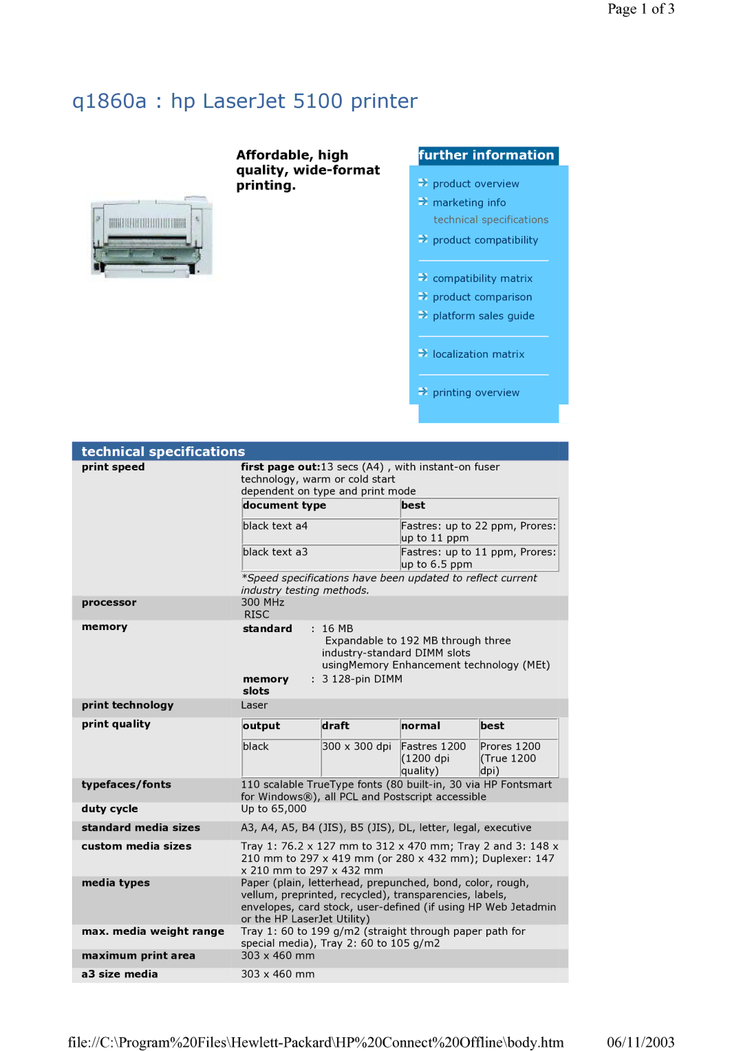 HP 5100 manual Further information, Technical specifications 