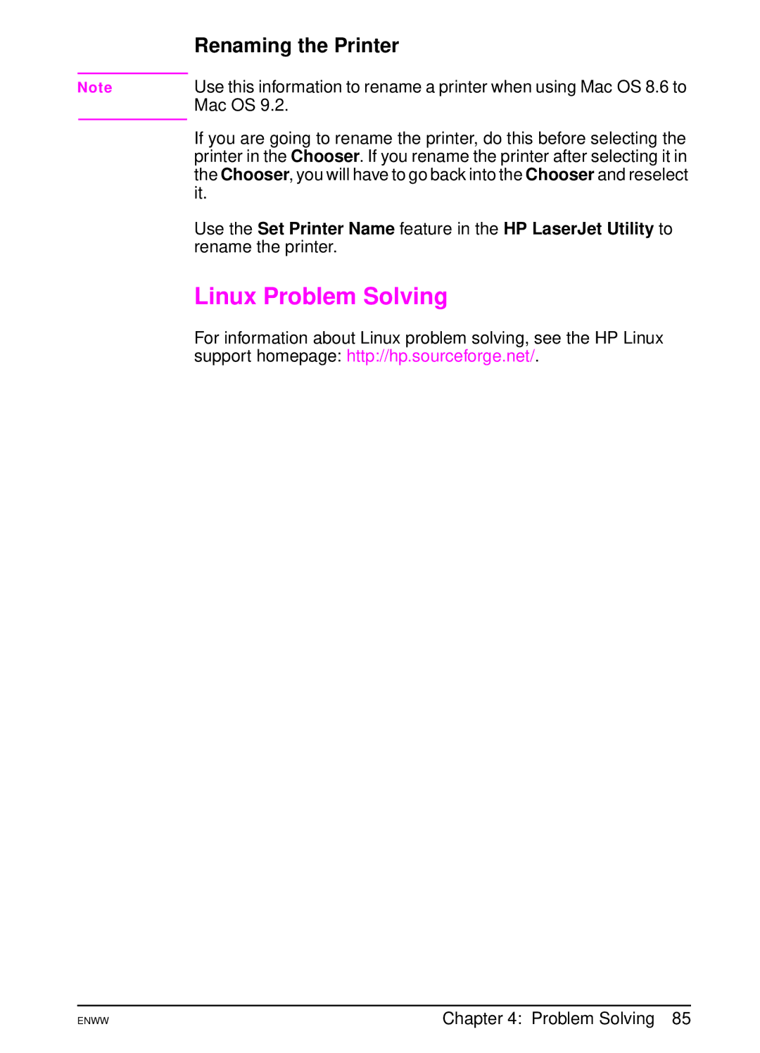 HP 5100tn, 5100dtn manual Linux Problem Solving, Renaming the Printer, Mac OS, Rename the printer 