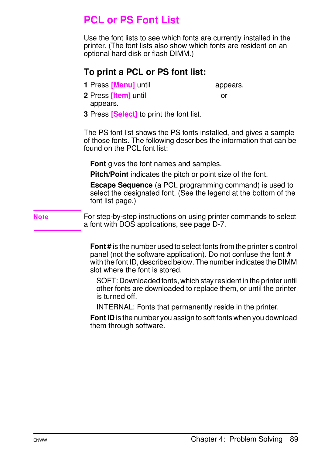 HP 5100tn, 5100dtn manual PCL or PS Font List, To print a PCL or PS font list 