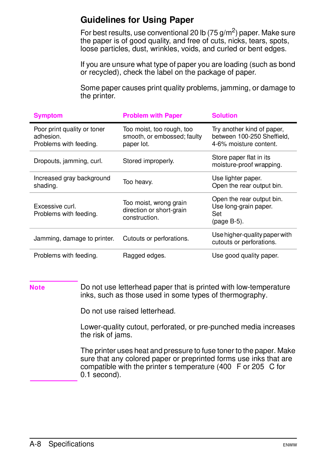 HP 5100dtn, 5100tn Guidelines for Using Paper, Set Fuser MODE=LOW, Inks, such as those used in some types of thermography 