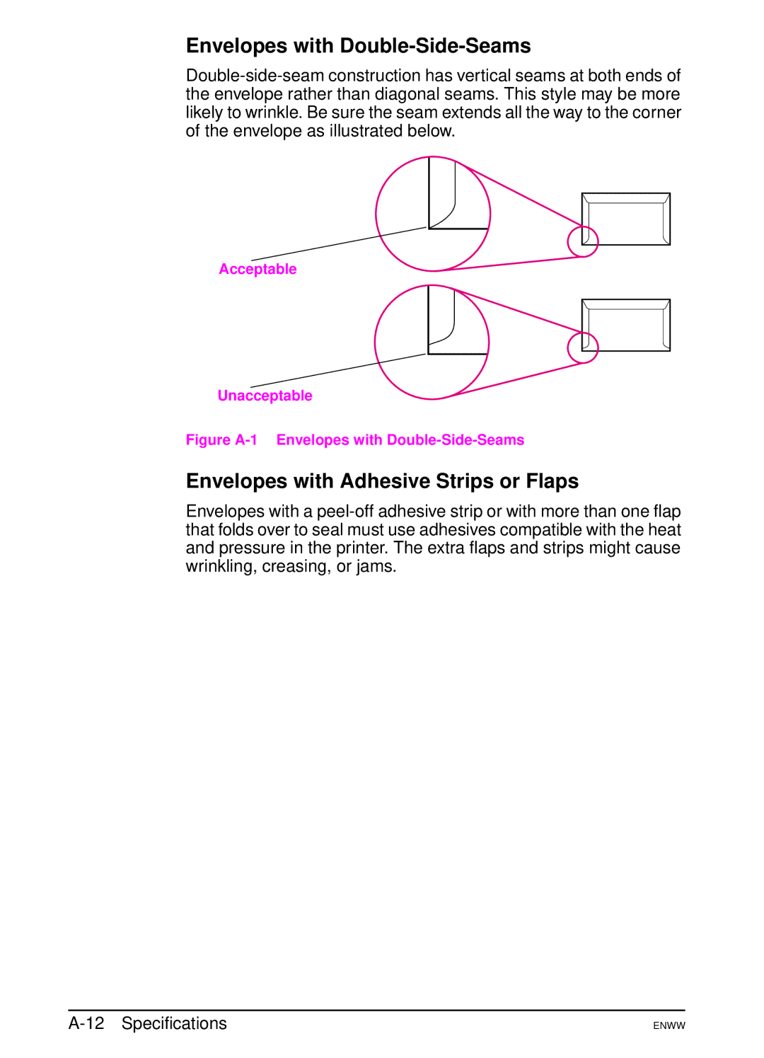 HP 5100dtn, 5100tn manual Envelopes with Double-Side-Seams, Envelopes with Adhesive Strips or Flaps, Acceptable Unacceptable 