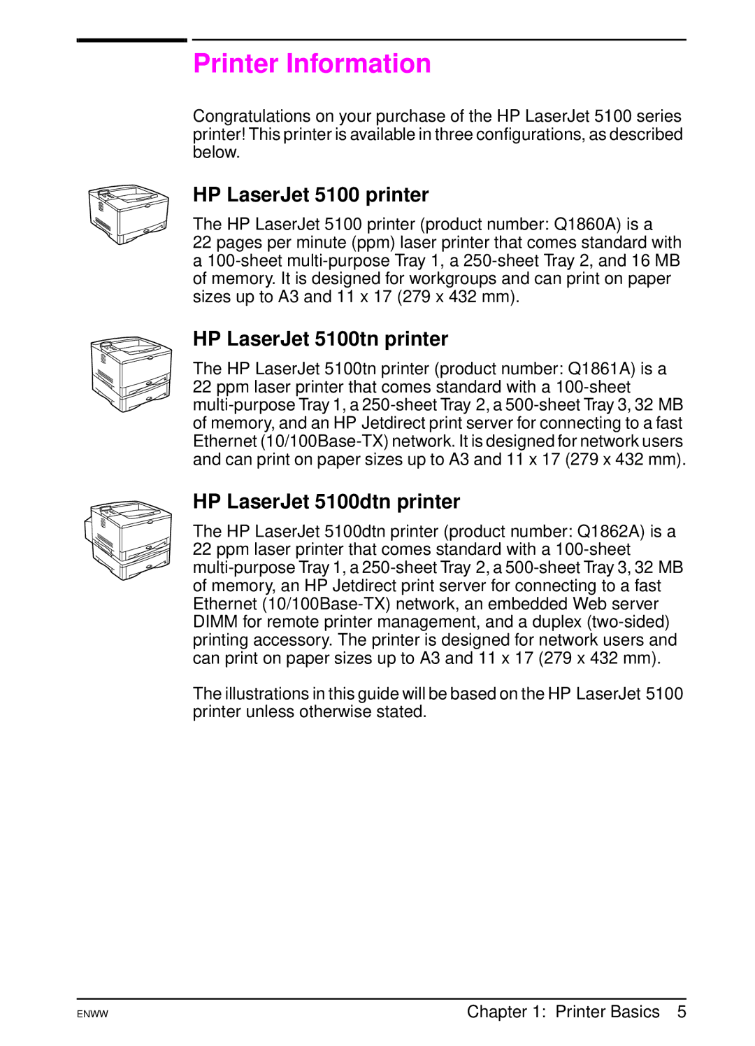 HP manual Printer Information, HP LaserJet 5100 printer, HP LaserJet 5100tn printer, HP LaserJet 5100dtn printer 