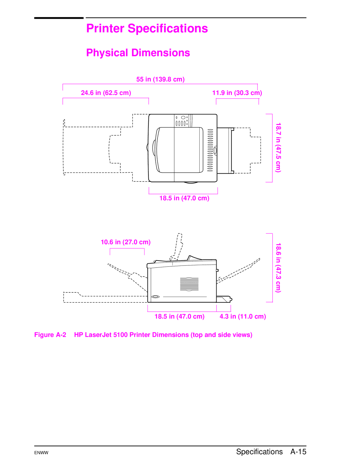 HP 5100tn, 5100dtn manual Printer Specifications, Physical Dimensions, Specifications A-15, 55 in 139.8 cm 24.6 in 62.5 cm 