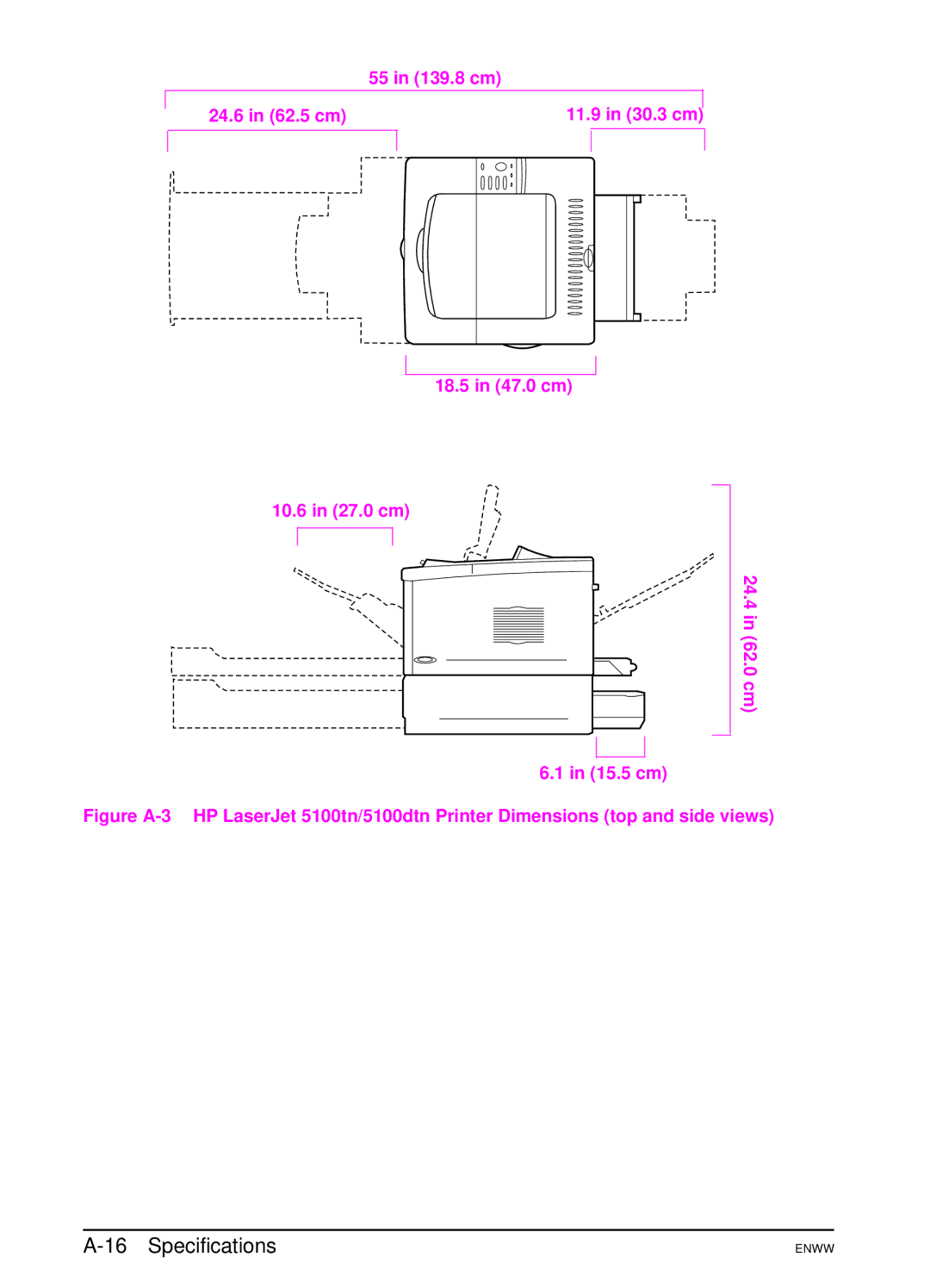 HP 5100dtn, 5100tn manual 18.5 in 47.0 cm 10.6 in 27.0 cm 24.4 in 62.0 cm 15.5 cm 