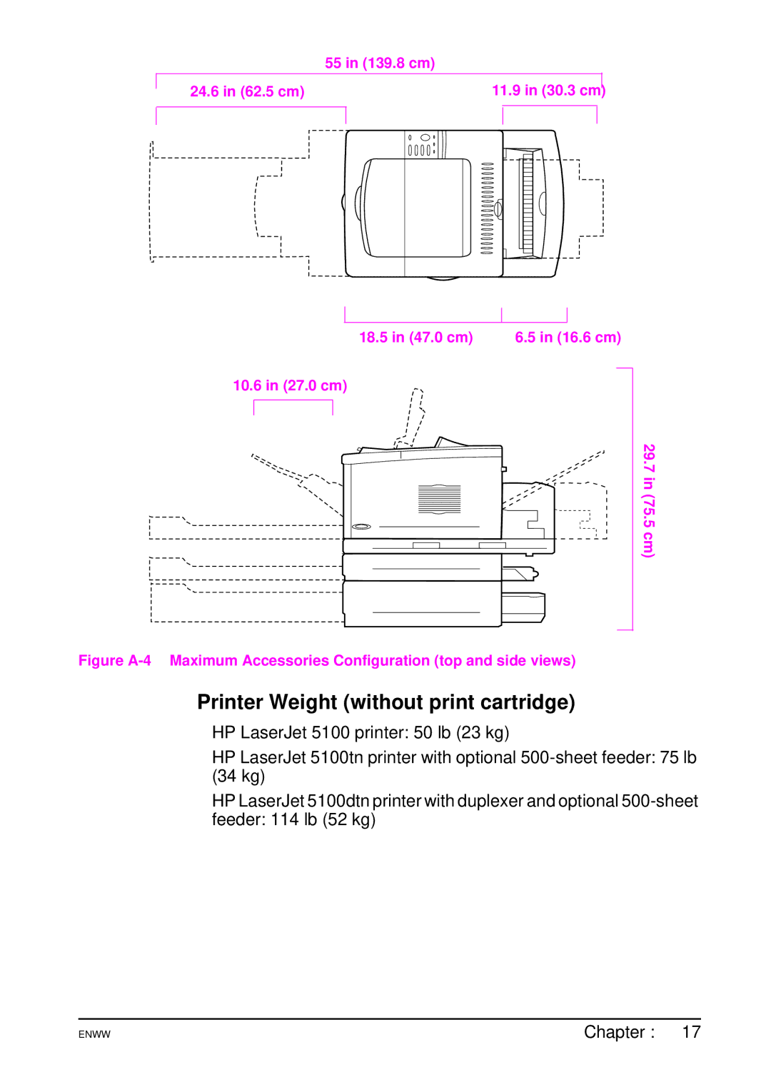 HP 5100tn manual Printer Weight without print cartridge, Chapter, 18.5 in 47.0 cm 16.6 cm 10.6 in 27.0 cm 29.7 in 75.5 cm 