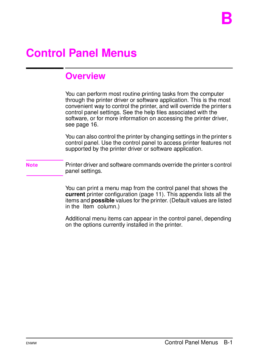 HP 5100tn, 5100dtn manual Control Panel Menus B-1 