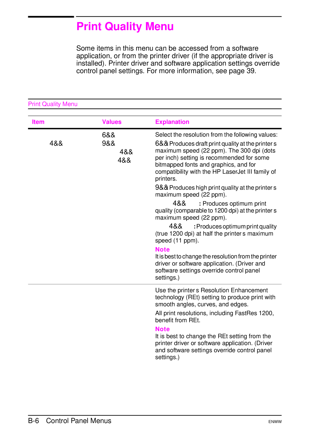 HP 5100dtn, 5100tn manual Print Quality Menu 