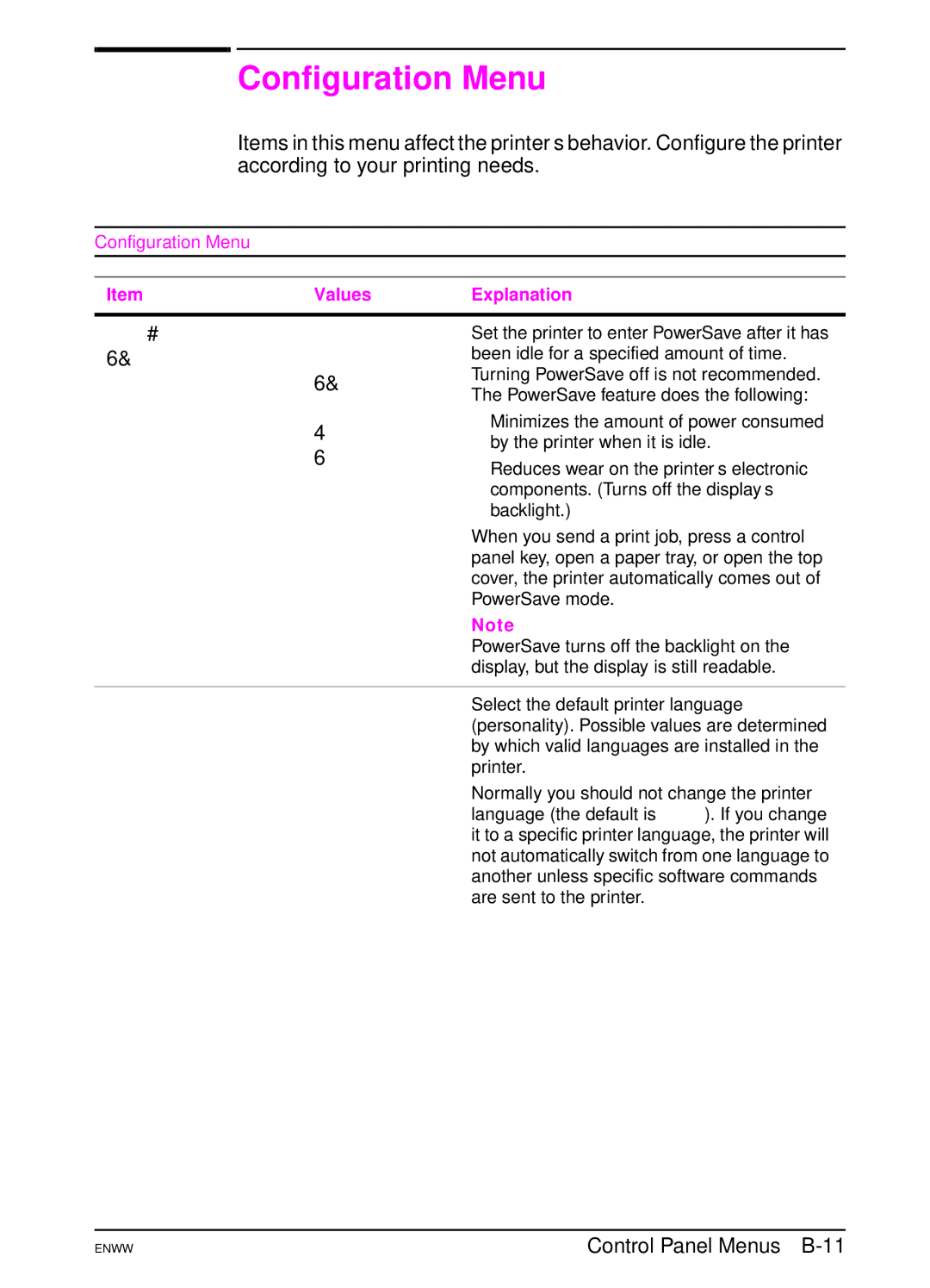 HP 5100tn, 5100dtn manual Configuration Menu, Control Panel Menus B-11 