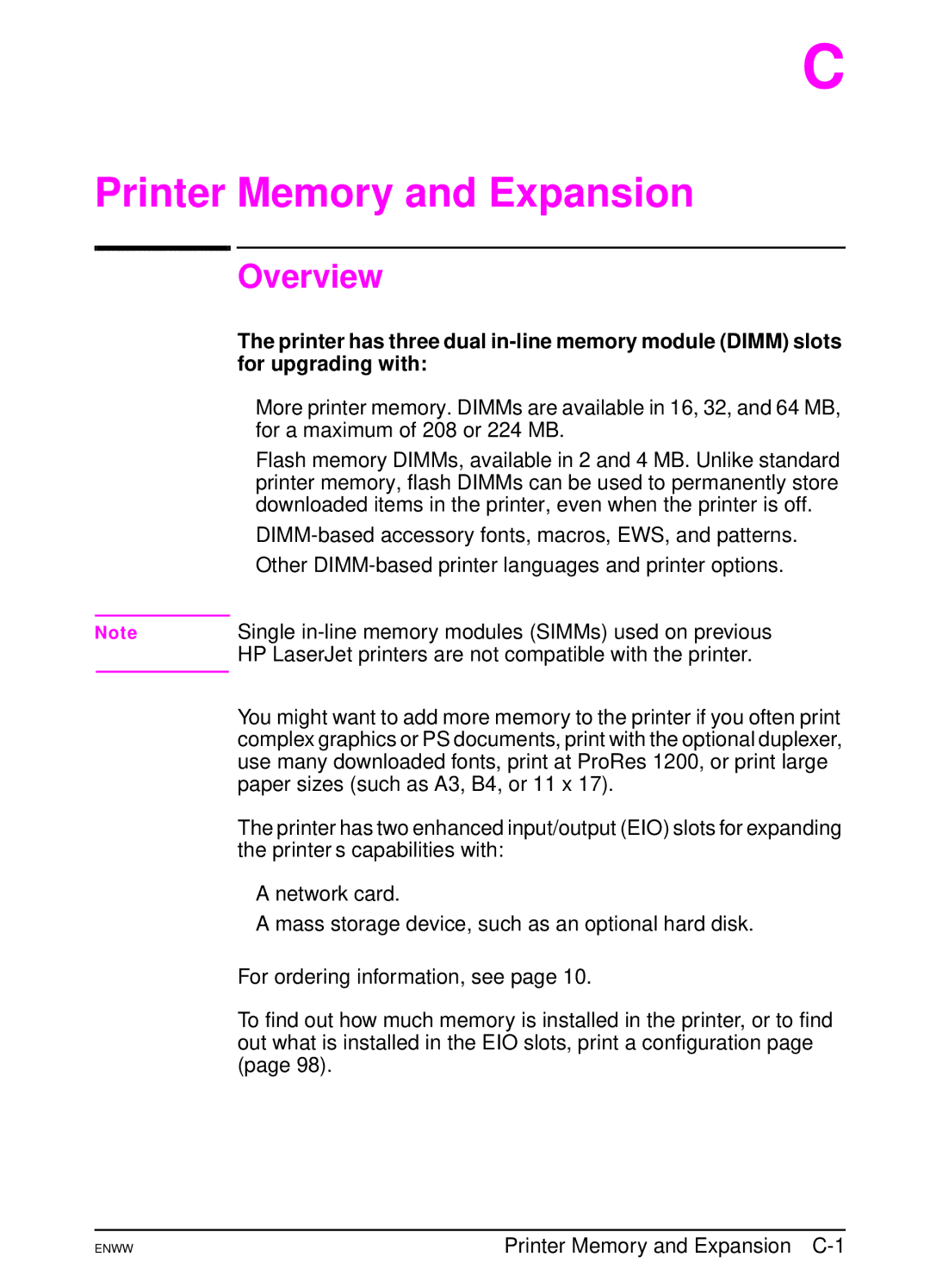 HP 5100tn, 5100dtn manual Printer Memory and Expansion C-1 