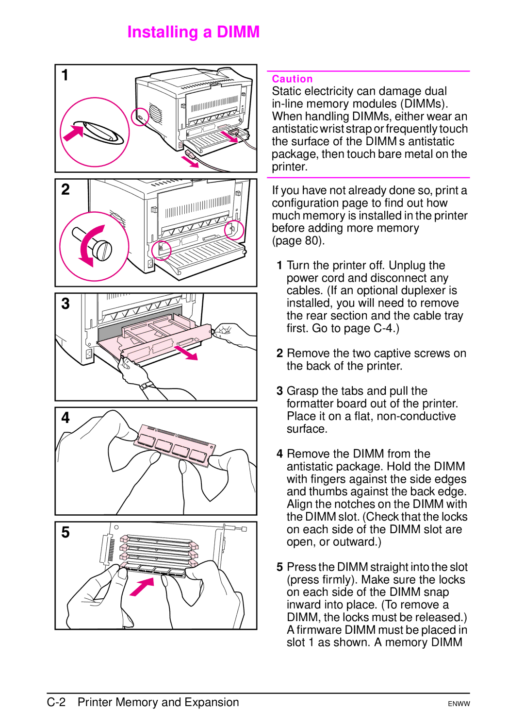 HP 5100dtn, 5100tn manual Installing a Dimm, Printer Memory and Expansion 