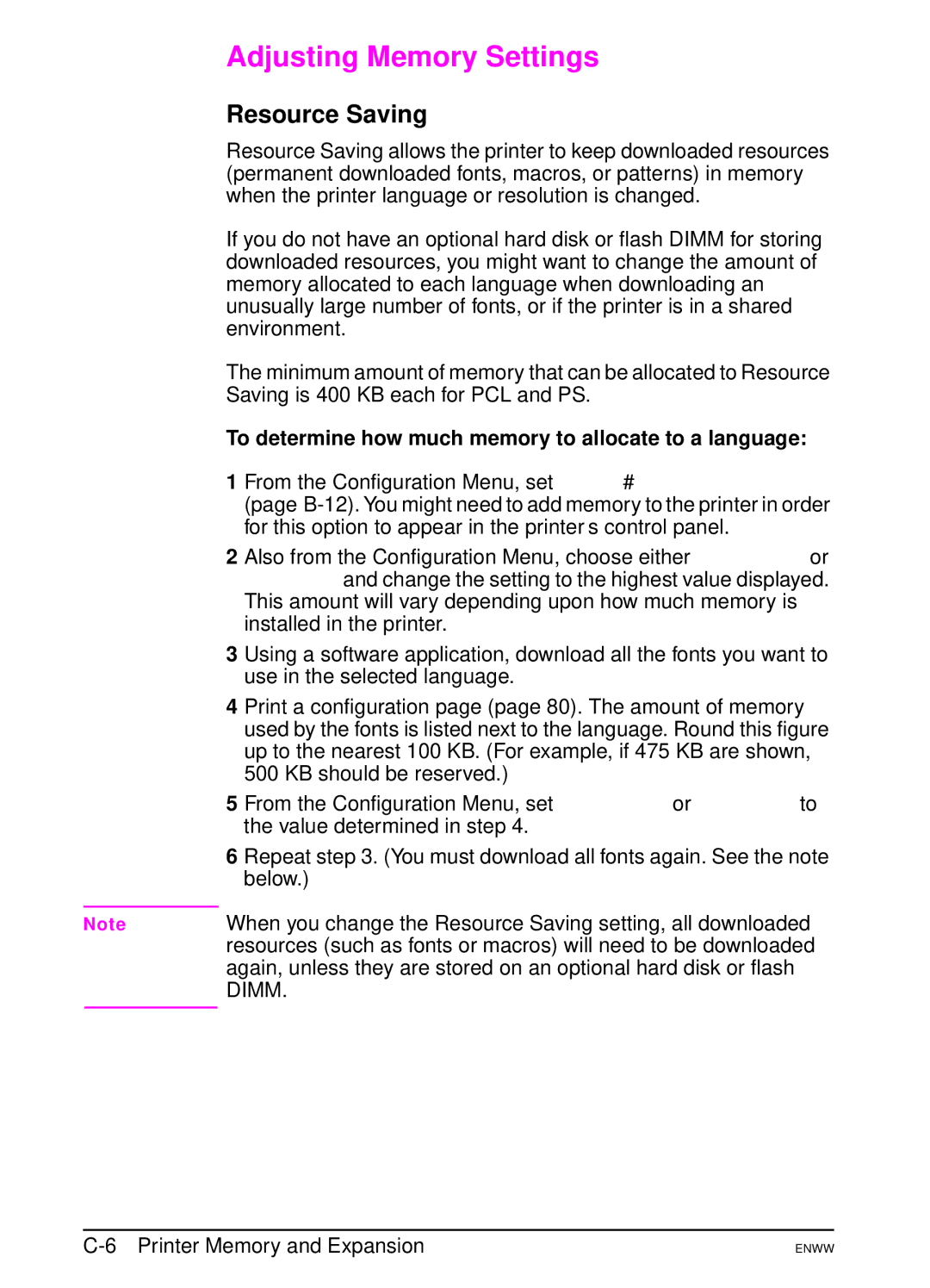 HP 5100dtn, 5100tn manual Adjusting Memory Settings, Resource Saving, To determine how much memory to allocate to a language 